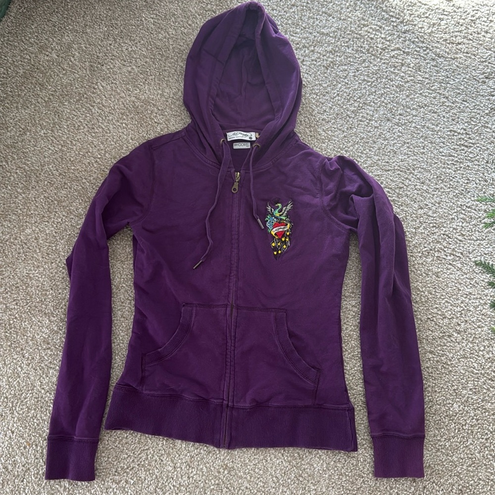 Ed Hardy Women’s Zip Up purple peacock heart logo graphic hoodie size xs